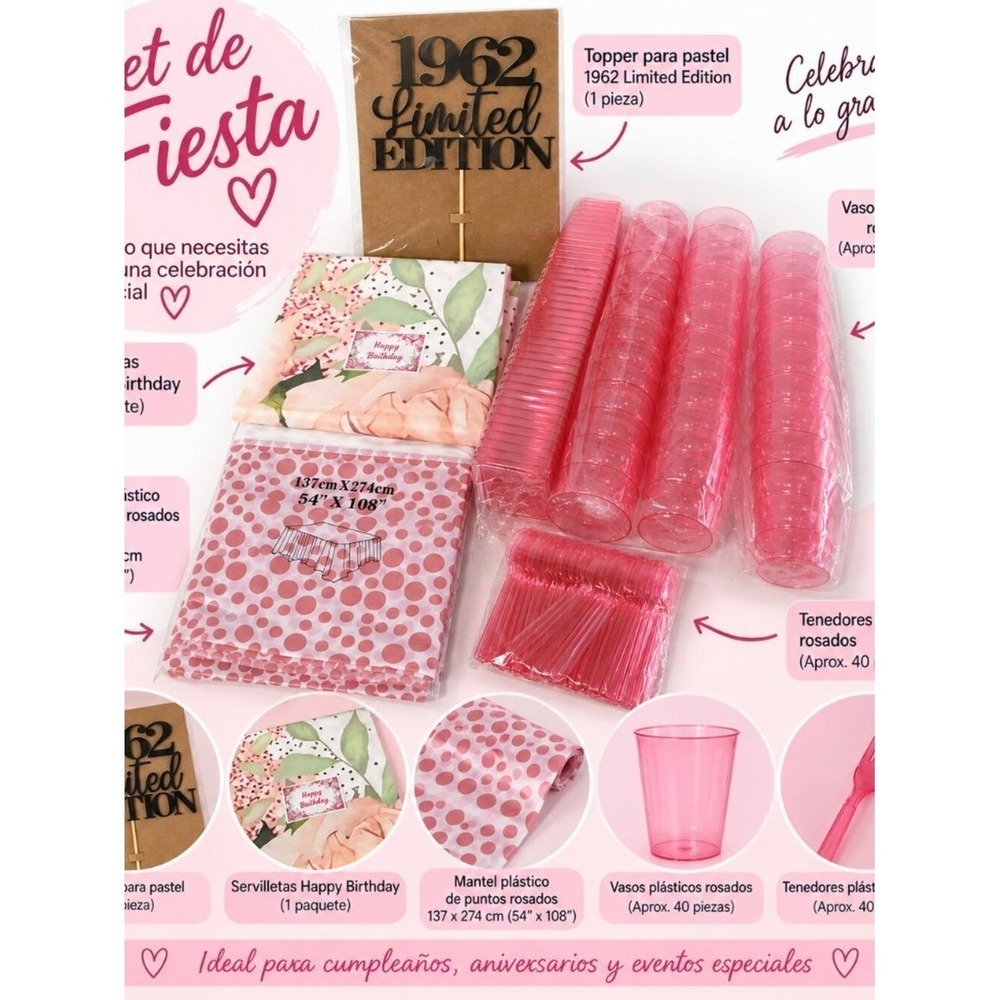 1962 Limited Edition Birthday Party Supplies Set Pink Cups Napkins Tablecloth